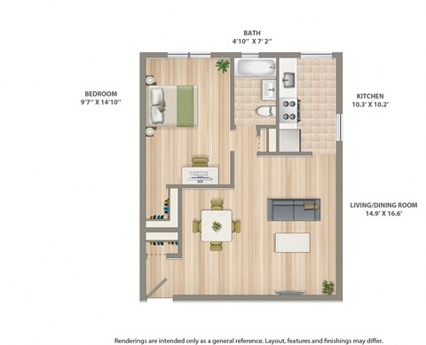 Floor plan for 1 bed, 1 bath, 602 sqft